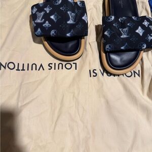 Louis Vuitton Black and Tan Monogram Slides